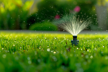 Automatic lawn sprinkler, retractable sprinkler for watering the grass with water splashing from it, selective focus. Lawn care theme
 - obrazy, fototapety, plakaty