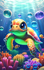 Fototapeta na wymiar super cute, bright color cartoon full body sea turtle, water bubbles in the water, bright and turtle is swimming near fish, generative ai