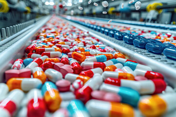 A belt conveyor that manufactures pharmaceutical capsule tablets. Medicine, drug concept.