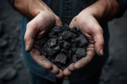 Top view of man hands holding coal over pile