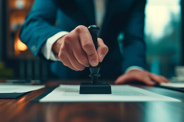Businessman in suit putting stamp on documents, focus on hand with stamp with documents, selective focus
