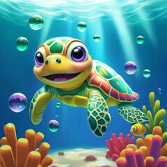 super cute, bright color cartoon full body sea turtle, water bubbles in the water, bright and turtle is swimming near fish, generative ai