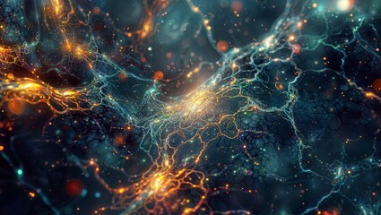 Neural Network Symphony: Stunning artwork depicting a vibrant neural network firing, showcasing the beauty of the mind. - obrazy, fototapety, plakaty