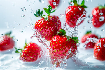 Fresh strawberries falling into the water, healthy food