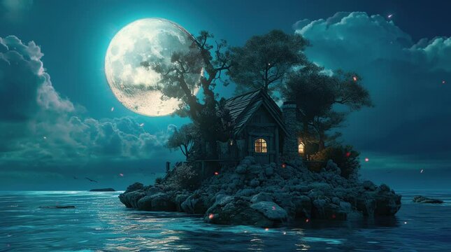 Mysterious house standing alone on an isolated island, surrounded by towering trees, under the enchanting glow of a full Seamless looping 4k time-lapse virtual video animation background. Generated AI