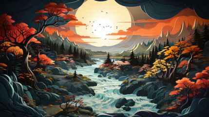 Magical Night: Vector Landscape Illustration of Halloween Art with Fish Moon and Forest Painting Design for Autumn Sunset Underwater Castle Artworks, generative AI