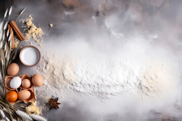 Background with ingredients for baking a cake. Flour with eggs, spikelets, and spices on a beautiful background with space for text, top view 