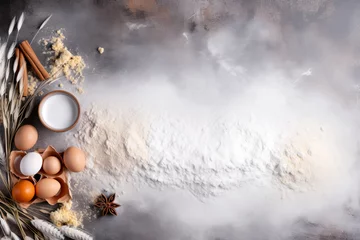 Foto auf Acrylglas Brot Background with ingredients for baking a cake. Flour with eggs, spikelets, and spices on a beautiful background with space for text, top view 