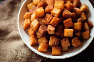 Cinnamon sugar croutons on white  plate top view