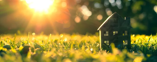 Foto op Canvas A small model home is placed on green grass, bathed in sunlight against an abstract background. Copy space with a home and life concept. A close up view of a tiny home model in a serene environment. © jex