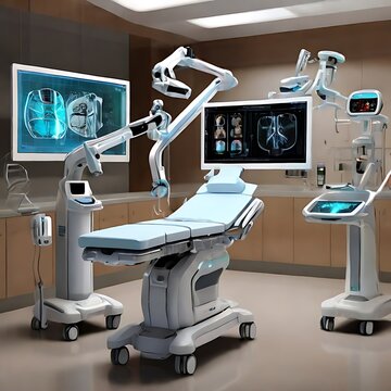 Transport your audience into the future of healthcare with a wide banner design featuring robotic arms in action, conducting automated medical operations with surgical precision. Emphasize the.