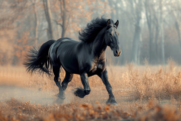 Black stallion or horse running through a field with trees or forest in the background
