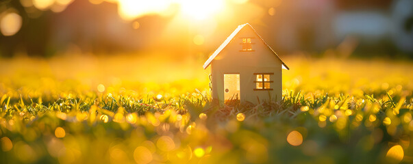 A small model home is placed on green grass, bathed in sunlight against an abstract background. Copy space with a home and life concept. A close up view of a tiny home model in a serene environment.