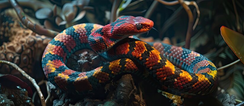 A colorful Eastern Coral Snake, scientifically known as Micrurus fulvius, is coiled gracefully on top of a tree branch. Its vibrant coral hues stand out against the green foliage, showcasing the