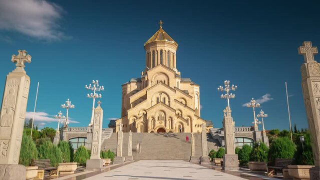 sunny day Tbilisi city most famous church front crowded road panorama 4k timelapse georgia 