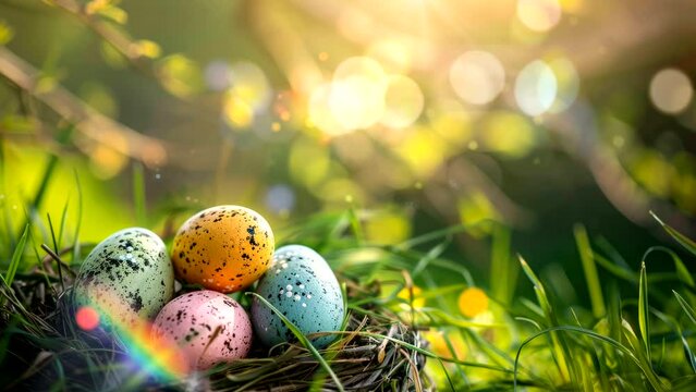 colorful easter eggs on nest green grass video background looping 4k quality