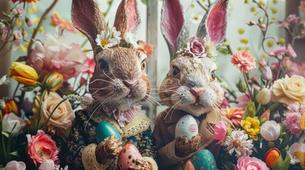 A whimsical portrayal of two anthropomorphic Easter bunnies in elegant vintage clothing, surrounded by colorful spring flowers and decorated eggs - obrazy, fototapety, plakaty