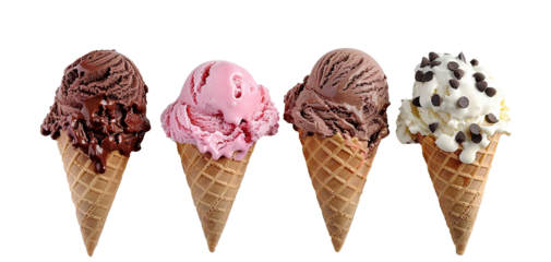 Strawberry, Chocolate and  Vanilla Ice cream in the cone on transparent background
