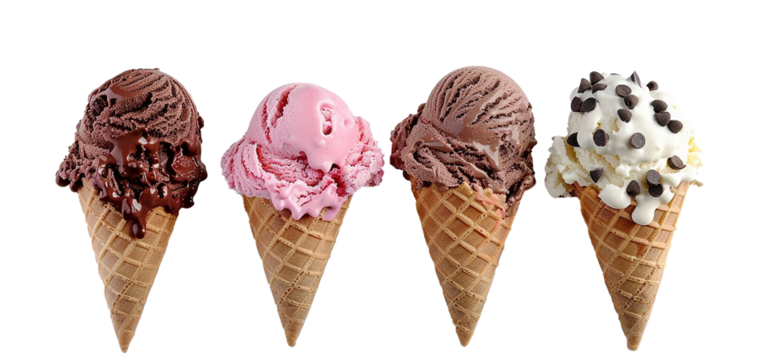 Strawberry, Chocolate and  Vanilla Ice cream in the cone on transparent background