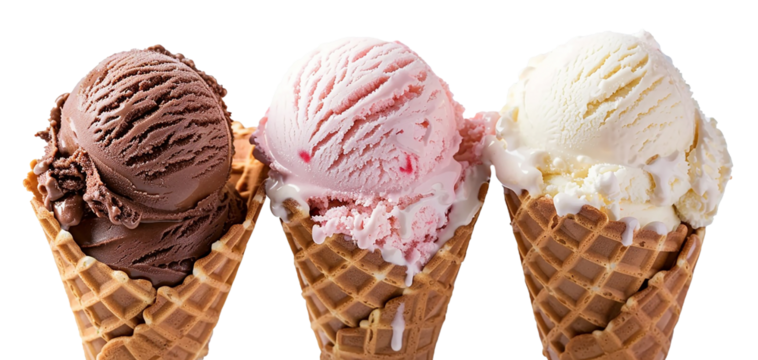 Strawberry, Chocolate and  Vanilla Ice cream in the cone on transparent background