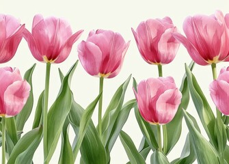 Beautiful Pink Tulips in a Row with Green Leaves on White Background with Border