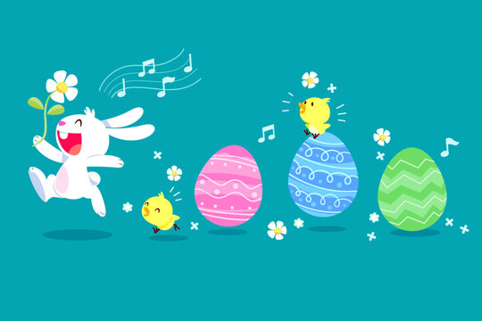 cute bunny in a parade with chicks and easter eggs