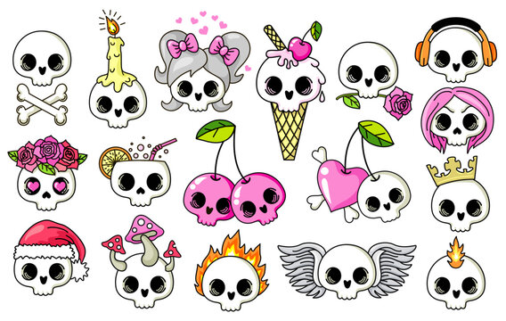 Set of Cute Cartoon skulls isolated on a white background. Collection of cute funny halloween cartoon character. Spooky magic skulls. Funny symbol of robbers, Halloween. Colored cranium illustration