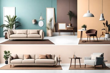 Set of minimalist interiors with stylish furniture and decor near color walls