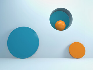 Abstract light blue background with cylinders, sphere and round holes in wall; simple mock up scene with minimal design elements in pastel color, 3d rendering, 3d illustration
