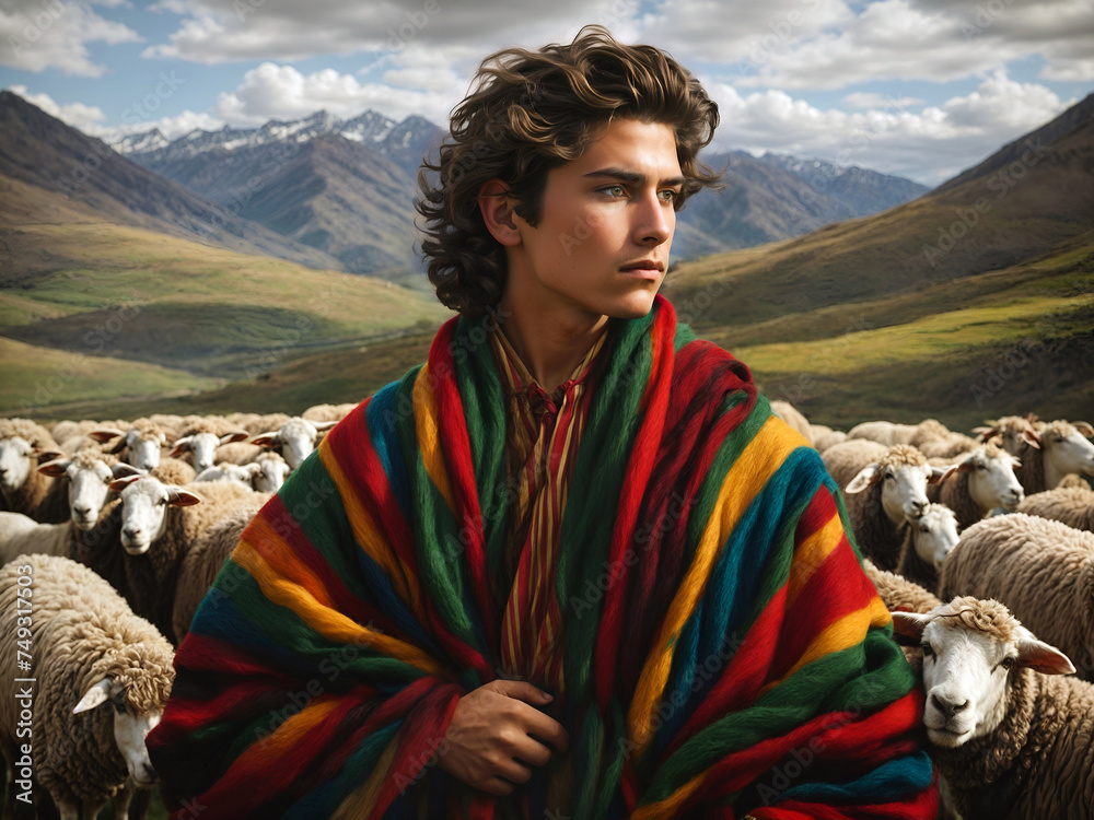 Wall mural joseph wearing a coat of many colors with flock of sheep in the background. biblical theme concept.