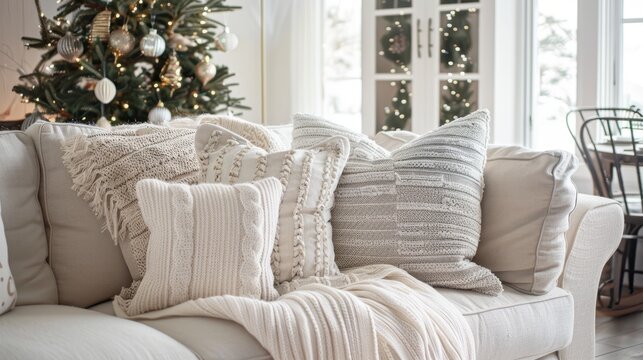 Square throw pillow mockup on a couch in a light and bright modern farmhouse styled living room decorated for christmas