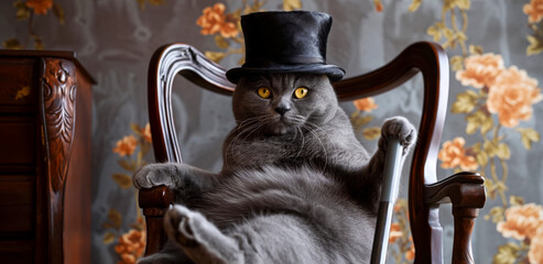 British gray cat with a cane in his paws and a top hat sits in a chair, concept for a funny...