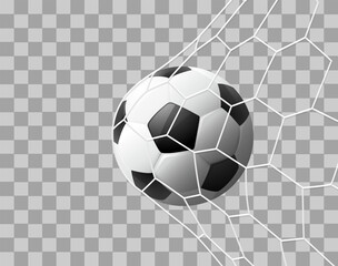 Realistic Soccer ball hitting the net, isolated on transparent background