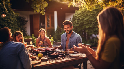 Happy family and friends having dinner with barbecue grilling outdoor, photo shoot, natural light