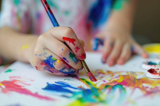 Creative child paints with a brush on a piece of paper, exploring the world of art with his hand and applying paint to the surface.
