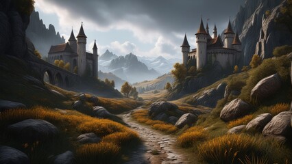 medieval fantasy landscape with dark atmosphere - obrazy, fototapety, plakaty