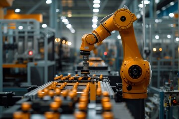Close-up view of a modern hi-tech manufacturing machine at an automotive factory. High-precision robotic equipment for the production of modern car parts. Cutting edge Automotive Technologies.