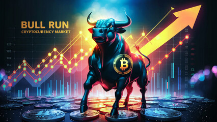 Bull run or bullish market trend in crypto currency or stocks. Trade exchange background, up arrow graph for increase in rates. Cryptocurrency price chart & blockchain technology. Generative Ai