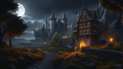 medieval fantasy landscape with dark atmosphere