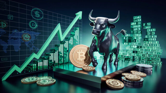 Bull run or bullish market trend in crypto currency or stocks. Trade exchange background, up arrow graph for increase in rates. Cryptocurrency price chart & blockchain technology. Generative Ai