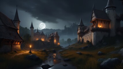 medieval fantasy landscape with dark atmosphere