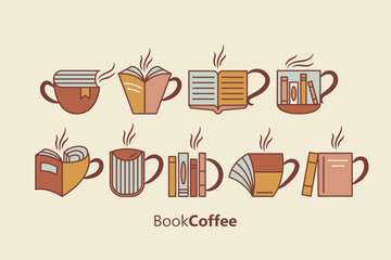 Books and coffee shop logo template. Modern minimal linear icons and symbols set for cards, print and design