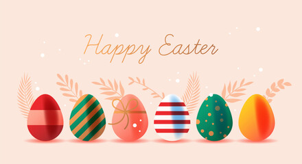 Modern Easter holiday banner design with colorful easter eggs. Template for greeting cards, poster and background. Vector illustration