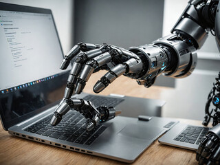 A Robot hands points to laptop, artificial intelligence concept, human machine interaction, human-machine system, Human Machine Interface, HMI, digital world, futuristic innovation, big data, science.