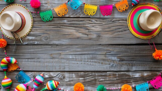 A festive array of Cinco de Mayo sombreros and maracas, bordered by colorful garlands on a wooden surface, showcasing the vibrant essence of Mexican heritage. Flat lay, top view, copy space.