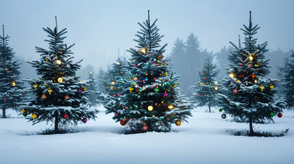 Fototapeta premium Festive Christmas Trees in Snowy Landscape