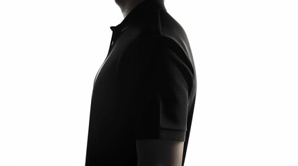 A shadowed side view of a blank black polo t-shirt, creating a sense of depth and form, on a white background