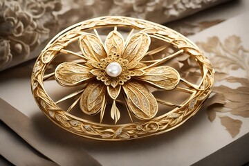 This trendy gold brooch seamlessly blends modern minimalism with classic, ornate French art-inspired design - obrazy, fototapety, plakaty