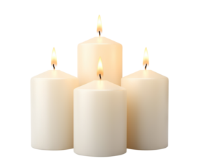 White pillar candles with flames illuminated, cut out
