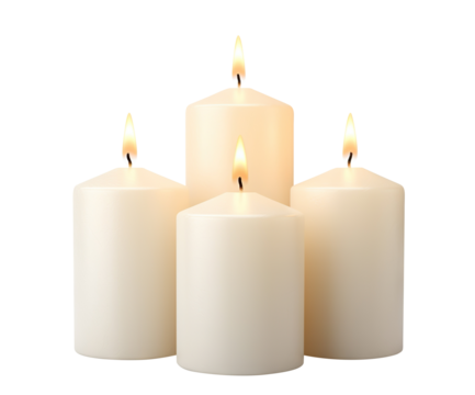 White pillar candles with flames illuminated, cut out
